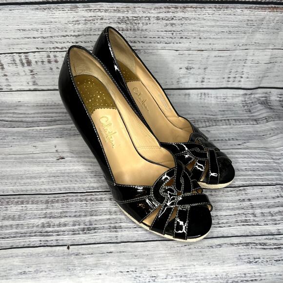 Cole Haan Women's Platform Open Toe Pump Patent Leather Black heel 4" 8.5 - Picture 2 of 4